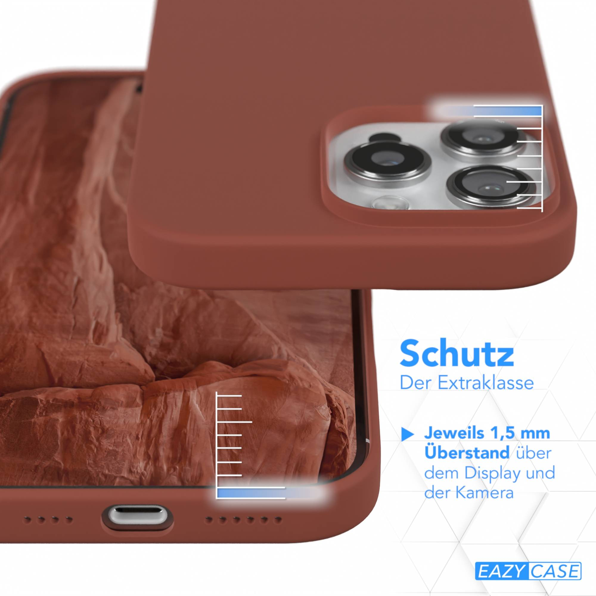 Eine braune Handyhülle, die den Kamera- und Bildschirmschutz zeigt. Text: Schutz Der Extraklasse. EAZY CASE Logo.
