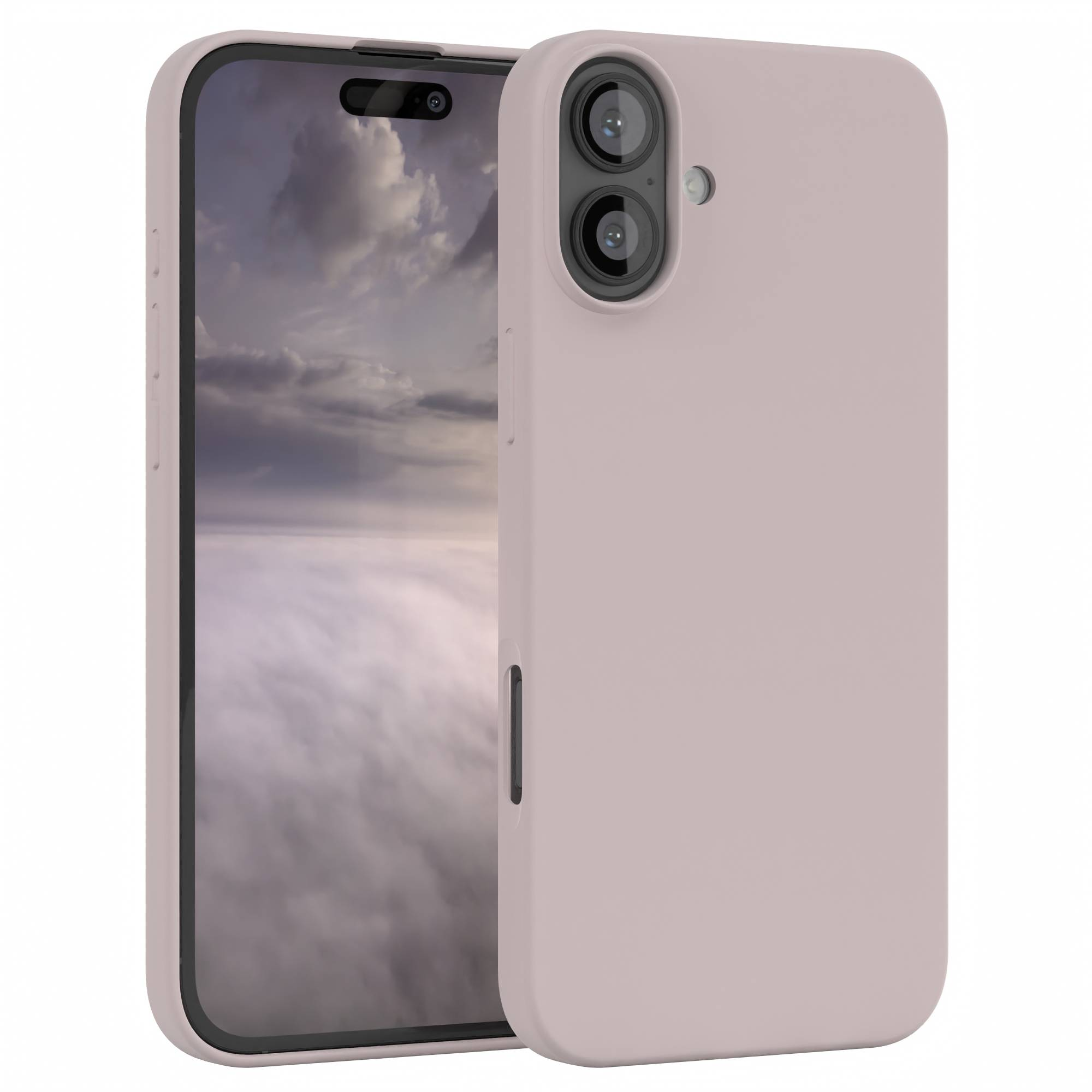 Ein Telefon in einer hellrosa Hülle. Der Bildschirm zeigt einen bewölkten Himmel. Zwei Kameralinsen sind sichtbar.