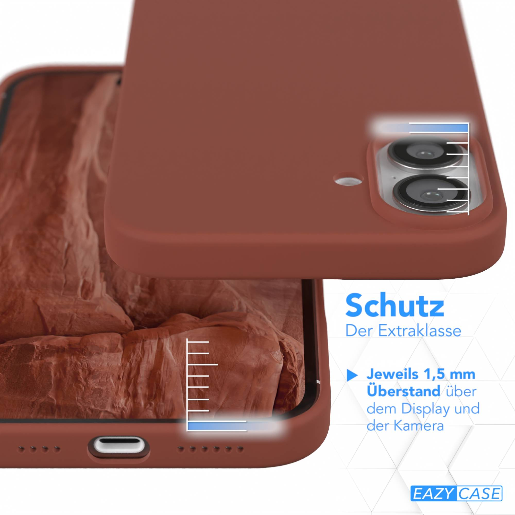 Eine rotbraune Handyhülle bedeckt teilweise ein Telefon. Text weist auf Bildschirm- und Kameraschutz hin.