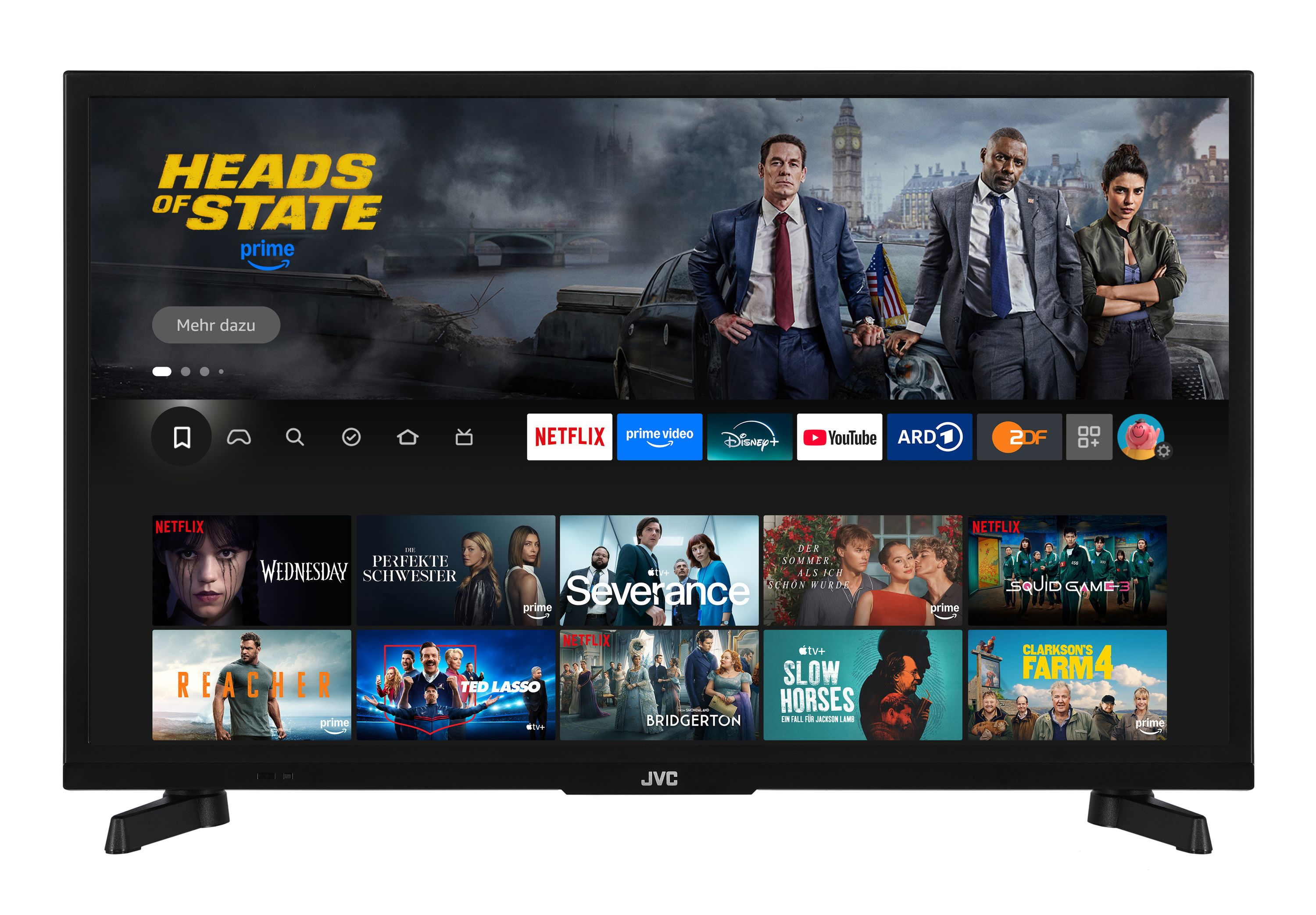 Ein JVC-Fernseher zeigt Streaming-Dienste. Der Bildschirm zeigt Filmplakate und das Filmplakat 'Heads of State'.