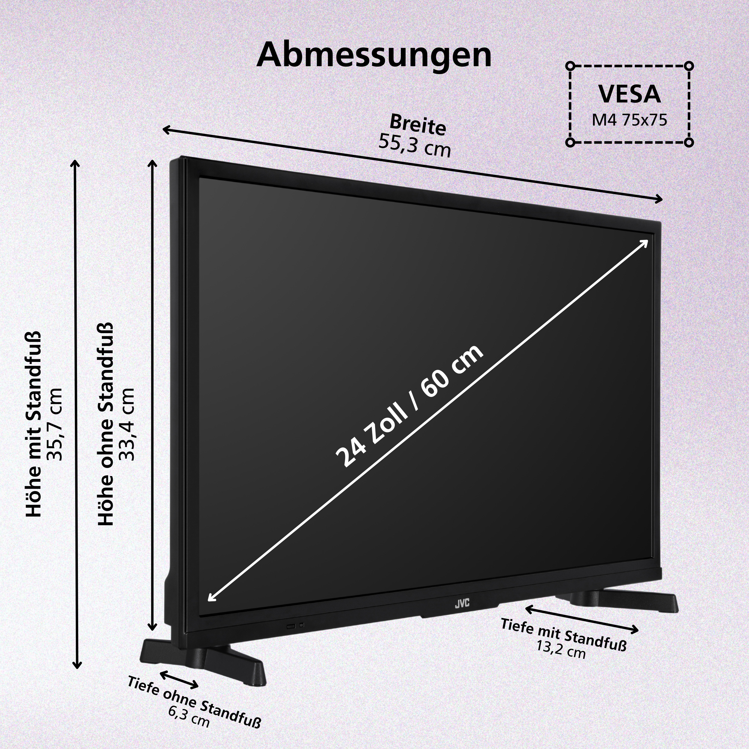 Ein schwarzer 24-Zoll-JVC-Fernseher mit Abmessungen und VESA-Spezifikationen. Maße sind in Zentimetern angegeben.