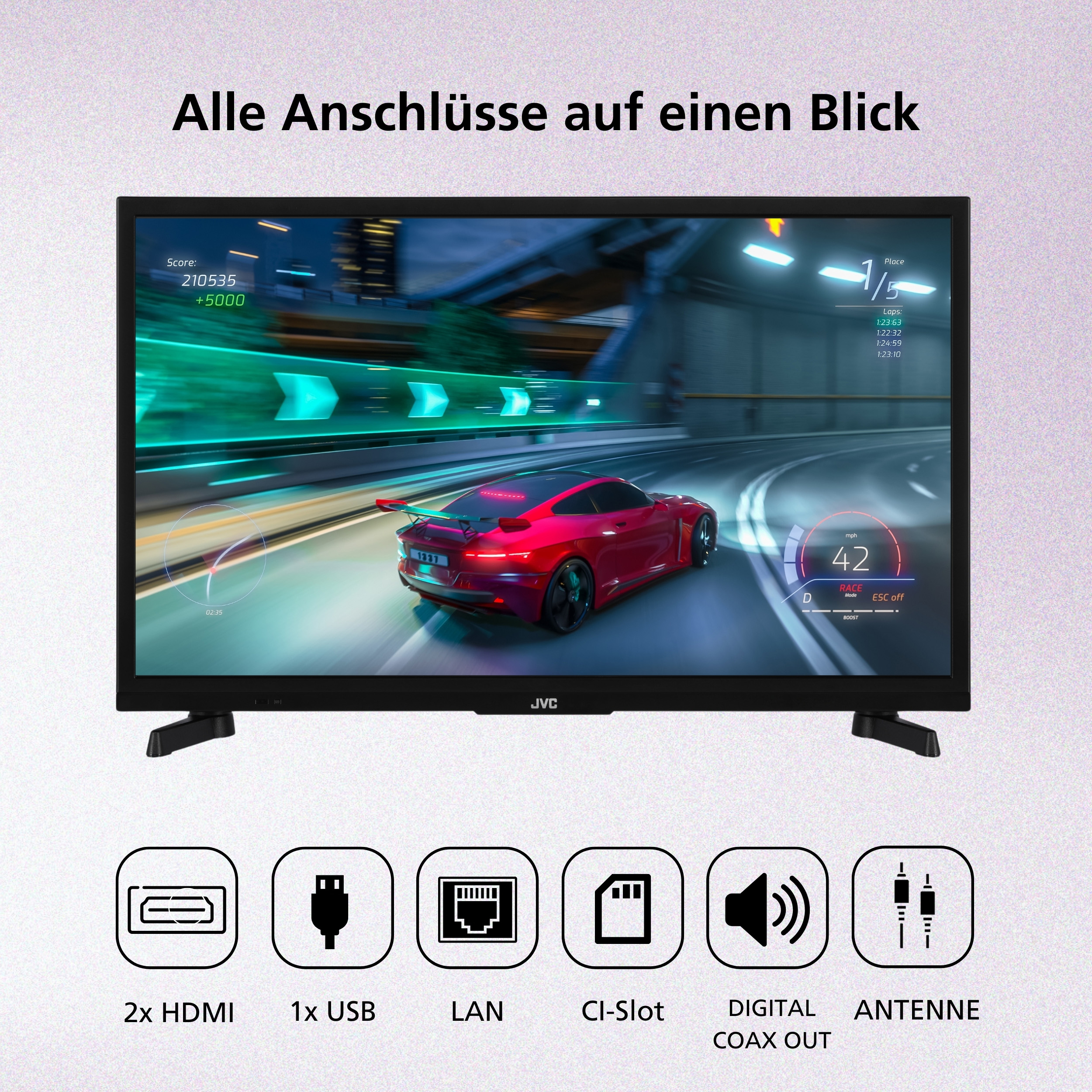 Ein Fernsehbildschirm zeigt ein Rennspiel. Darunter befinden sich Verbindungssymbole: HDMI, USB, LAN, CI-Slot, Digital Coax Out, Antenne.