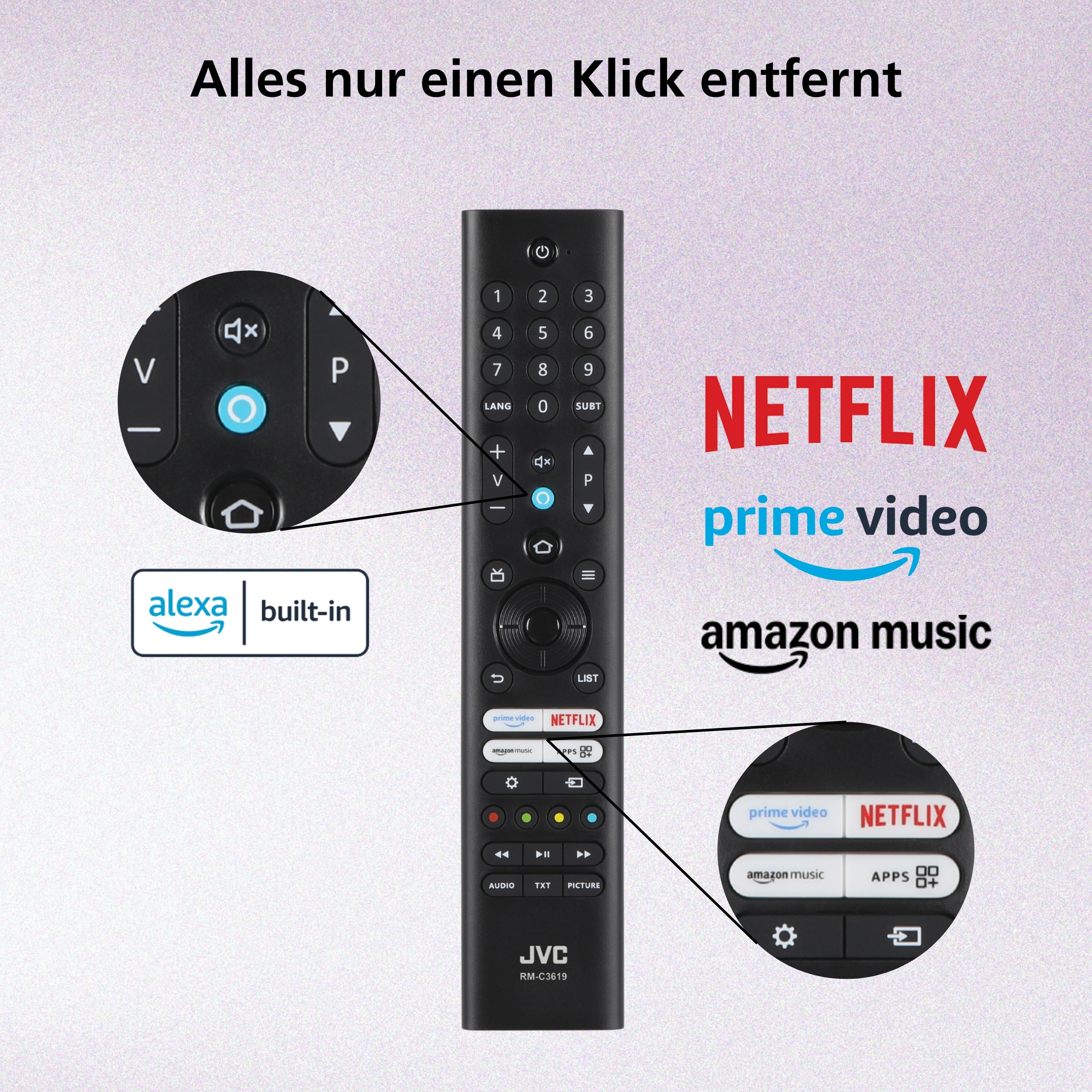 Eine JVC-Fernbedienung mit Tasten für Netflix, Prime Video und Amazon Music, mit integriertem Alexa.