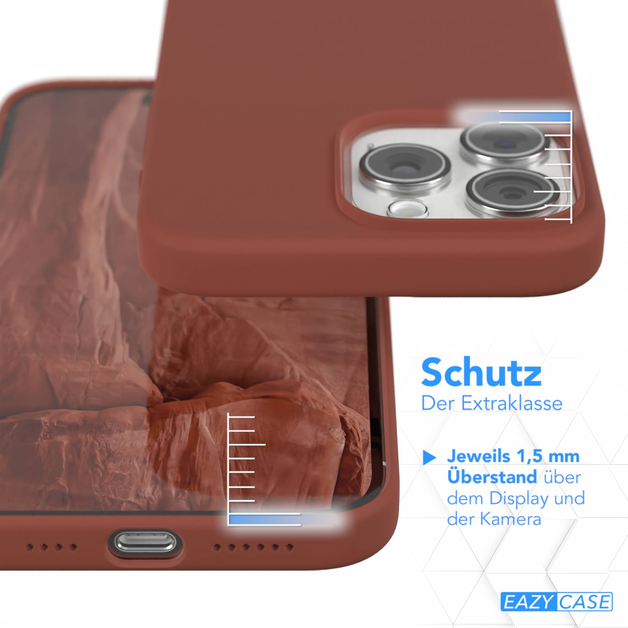 Eine terrakottafarbene Handyhülle mit einem Handy darin. Die Hülle schützt die Kamera und das Display des Handys.