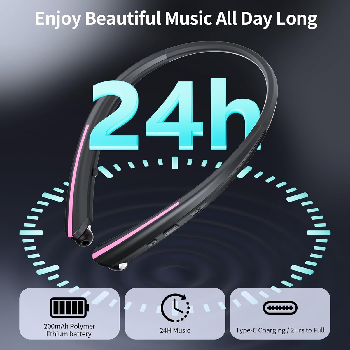 Das Bild zeigt ein schwarzes Nackenbügel-Headset mit rosa Akzenten, das eine 24-Stunden-Akkulaufzeit hervorhebt. Merkmale umfassen Lade- und Batteriedetails.
