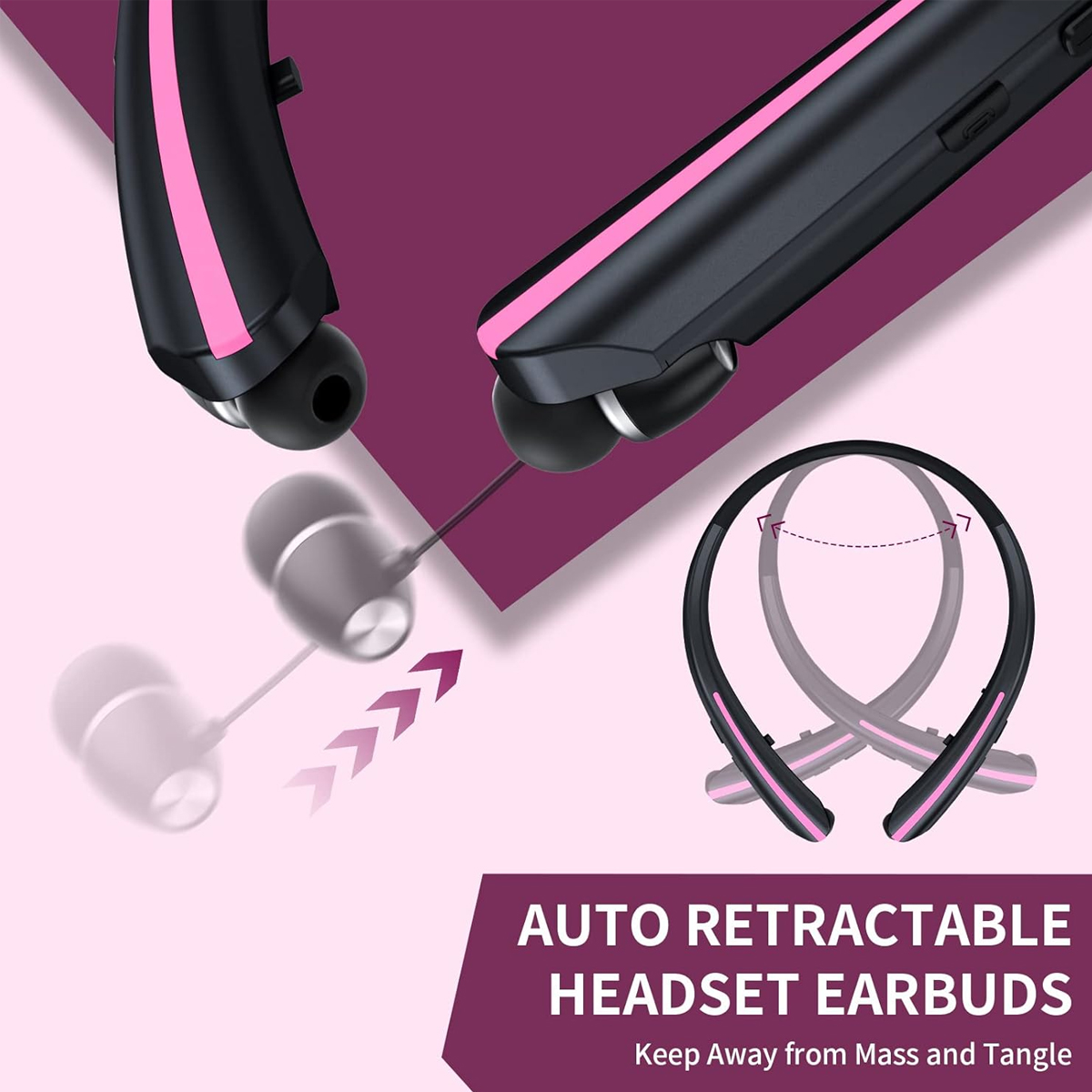 Schwarze und rosa einziehbare Ohrhörer. Das Bild zeigt die Ohrhörer und ihre Eigenschaften mit Text: automatische einziehbare Headset-Ohrhörer.