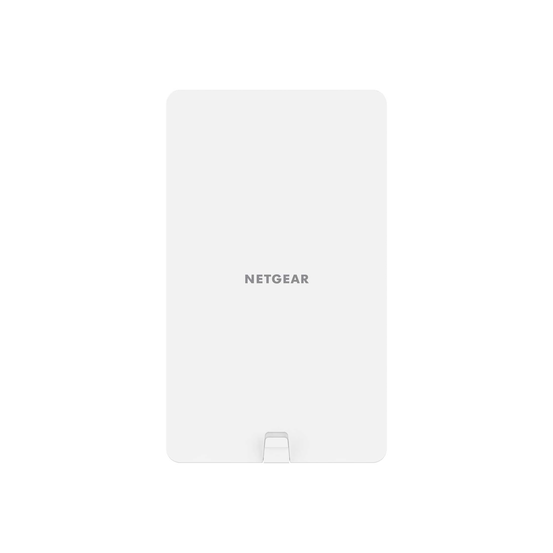 Białe urządzenie Netgear na białym tle. Urządzenie jest prostokątne, z zaokrąglonymi rogami i małą podstawką.