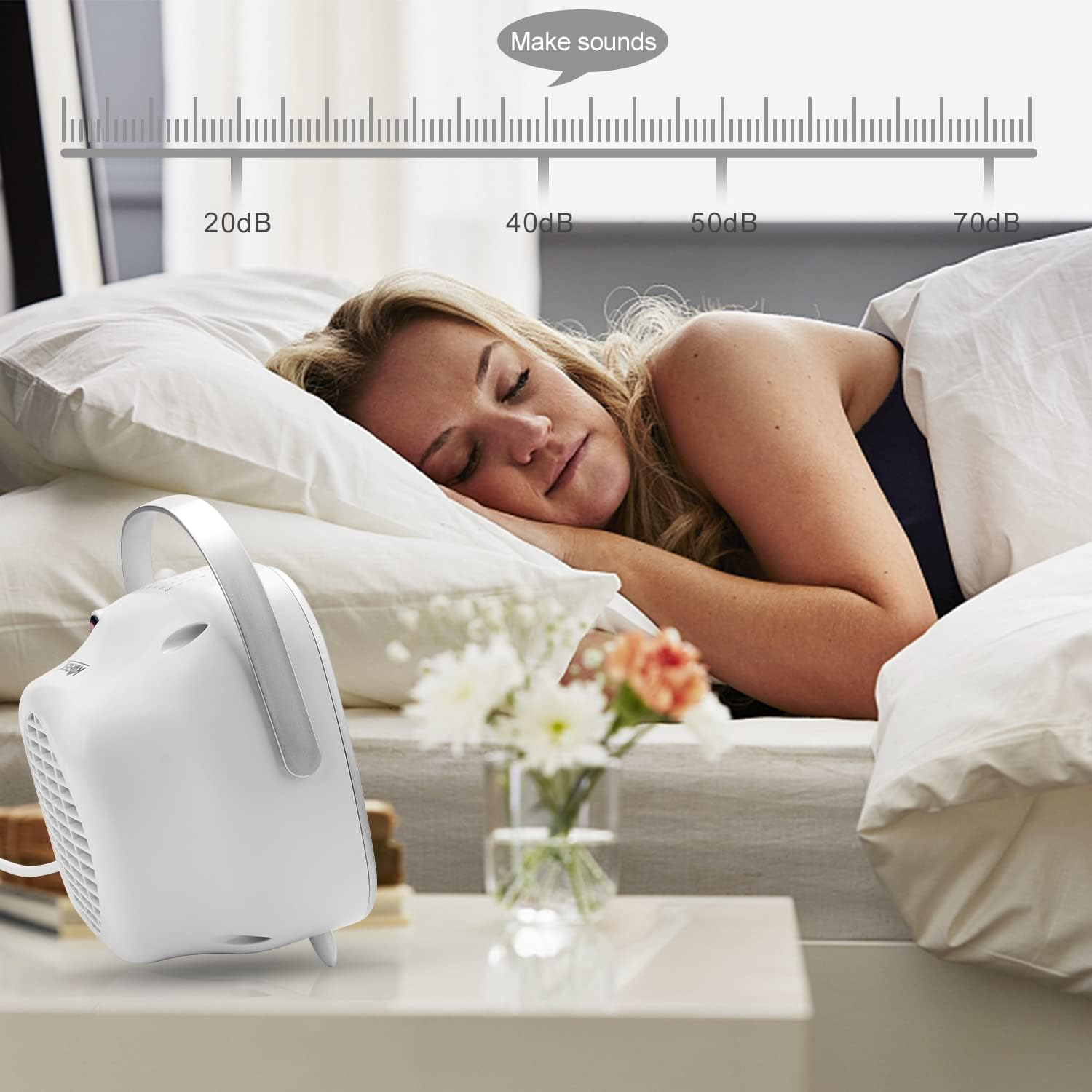 Eine Frau schläft im Bett. Ein weißes Rauschen-Gerät steht auf einem Nachttisch. Ein Diagramm zeigt Schallpegel, und Blumen sind in einer Vase.