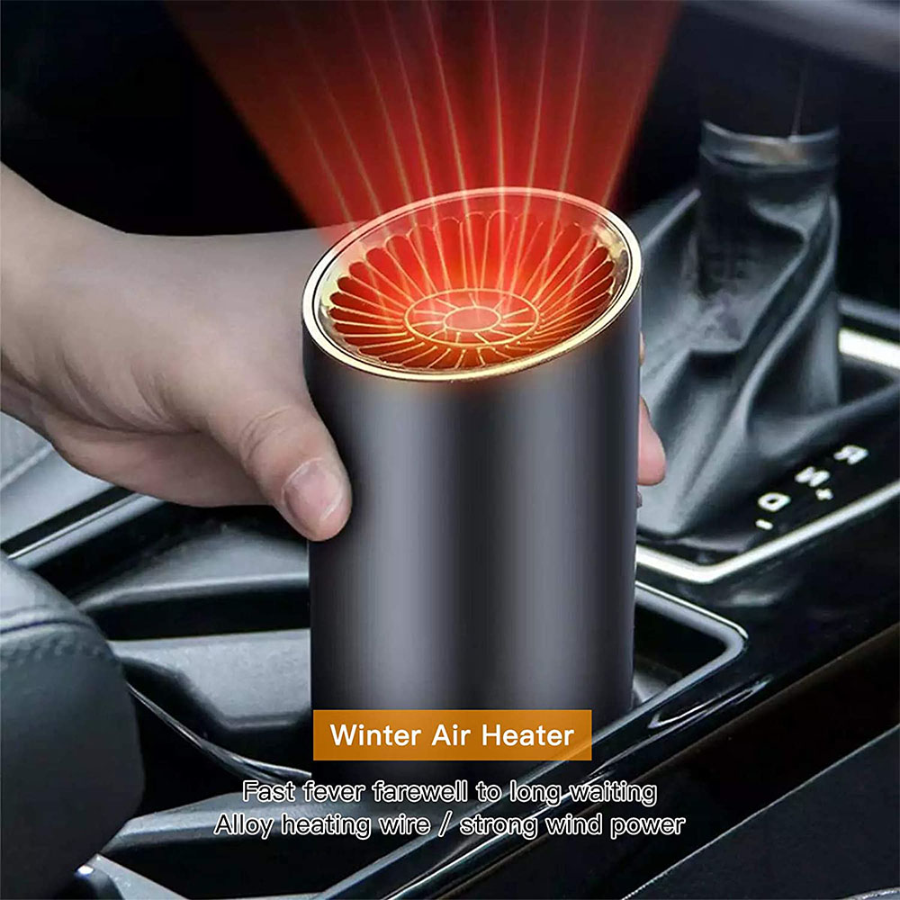 Ein schwarzer Autoheizer mit roter, leuchtender Oberseite. Eine Hand hält ihn in einem Auto. Der Text lautet 'Winter Air Heater'.