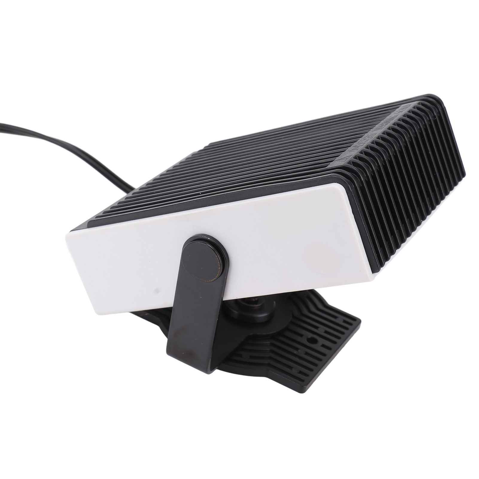 Ein schwarz-weißes Autoheizgerät. Es hat eine schwarze Oberseite, eine weiße Vorderseite und einen schwarzen Sockel. Ein schwarzes Kabel geht davon aus.