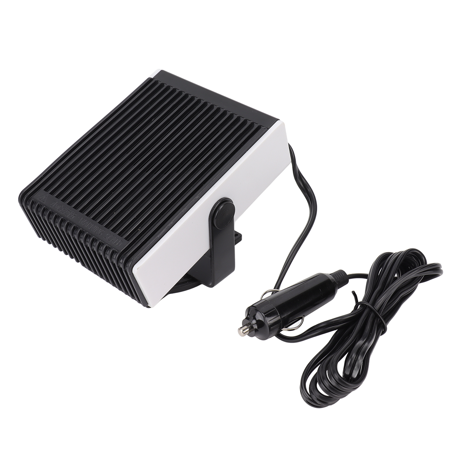 Ein schwarz-weißes Autoheizgerät mit Netzkabel und Auto-Adapter. Es befindet sich auf einer weißen Oberfläche.