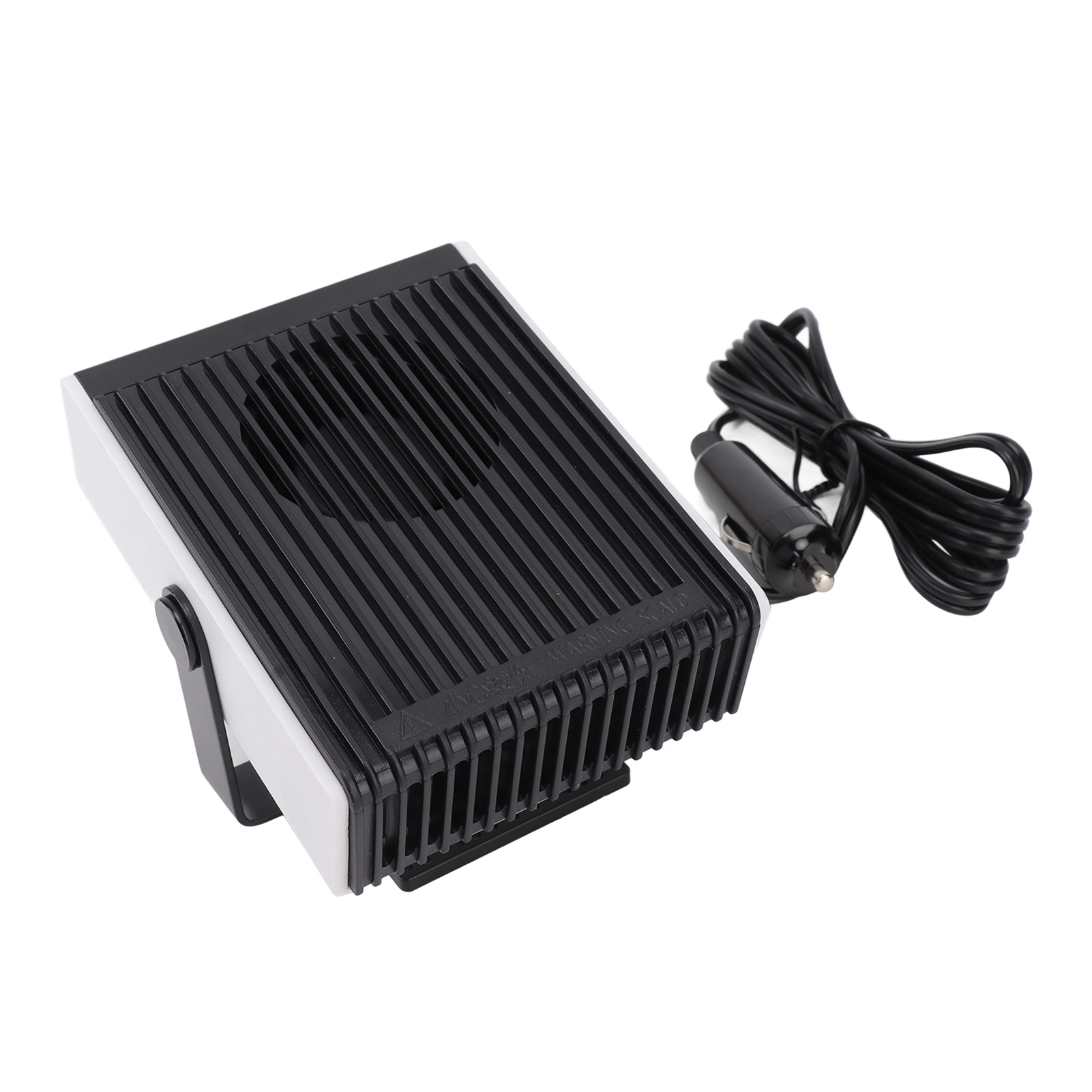 Eine schwarz-weiße Autoheizung mit Netzkabel und Adapter. Auf weißem Hintergrund.