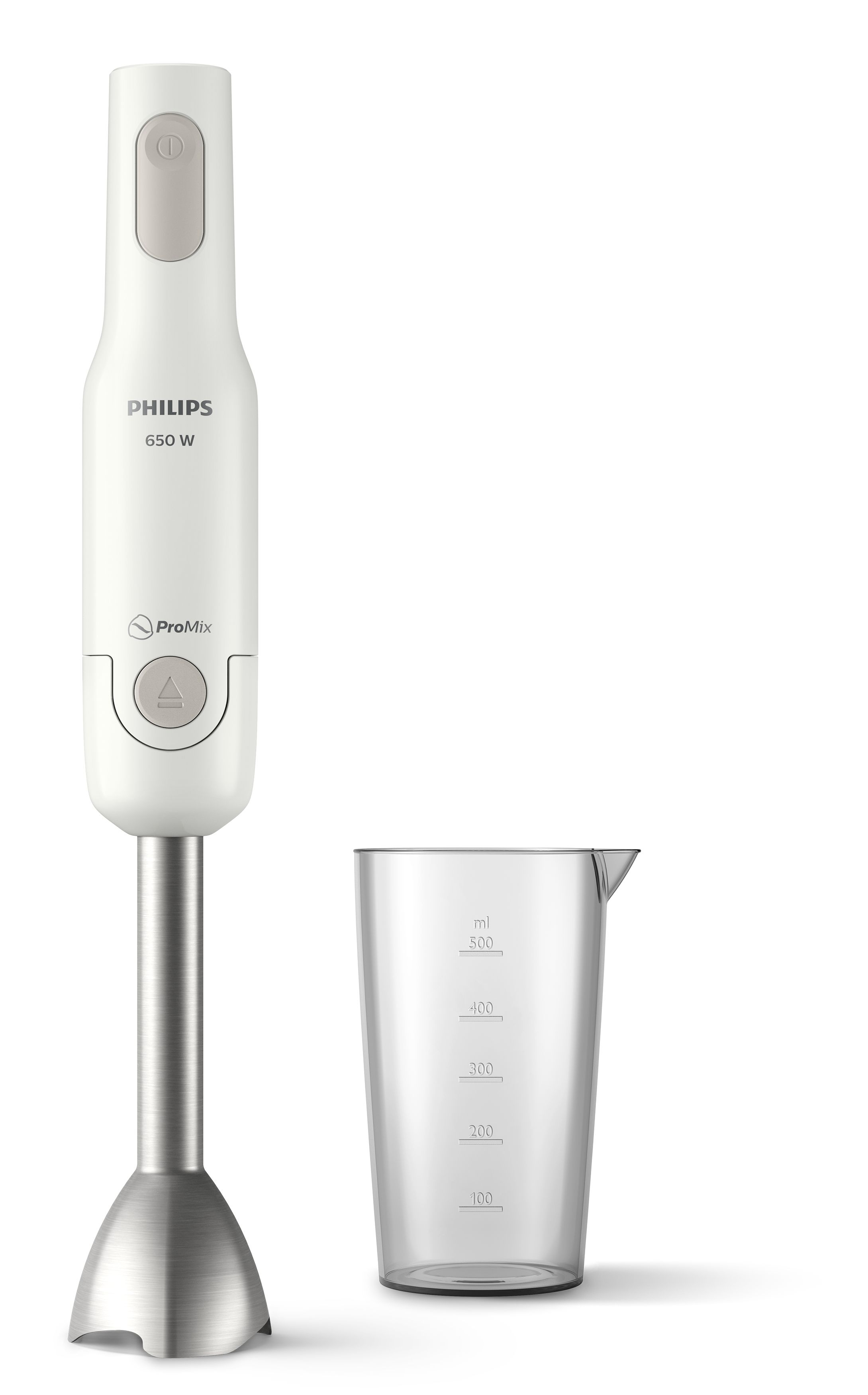 Un frullatore a immersione Philips bianco e un misurino trasparente su sfondo bianco. Il frullatore ha una lama argentata.