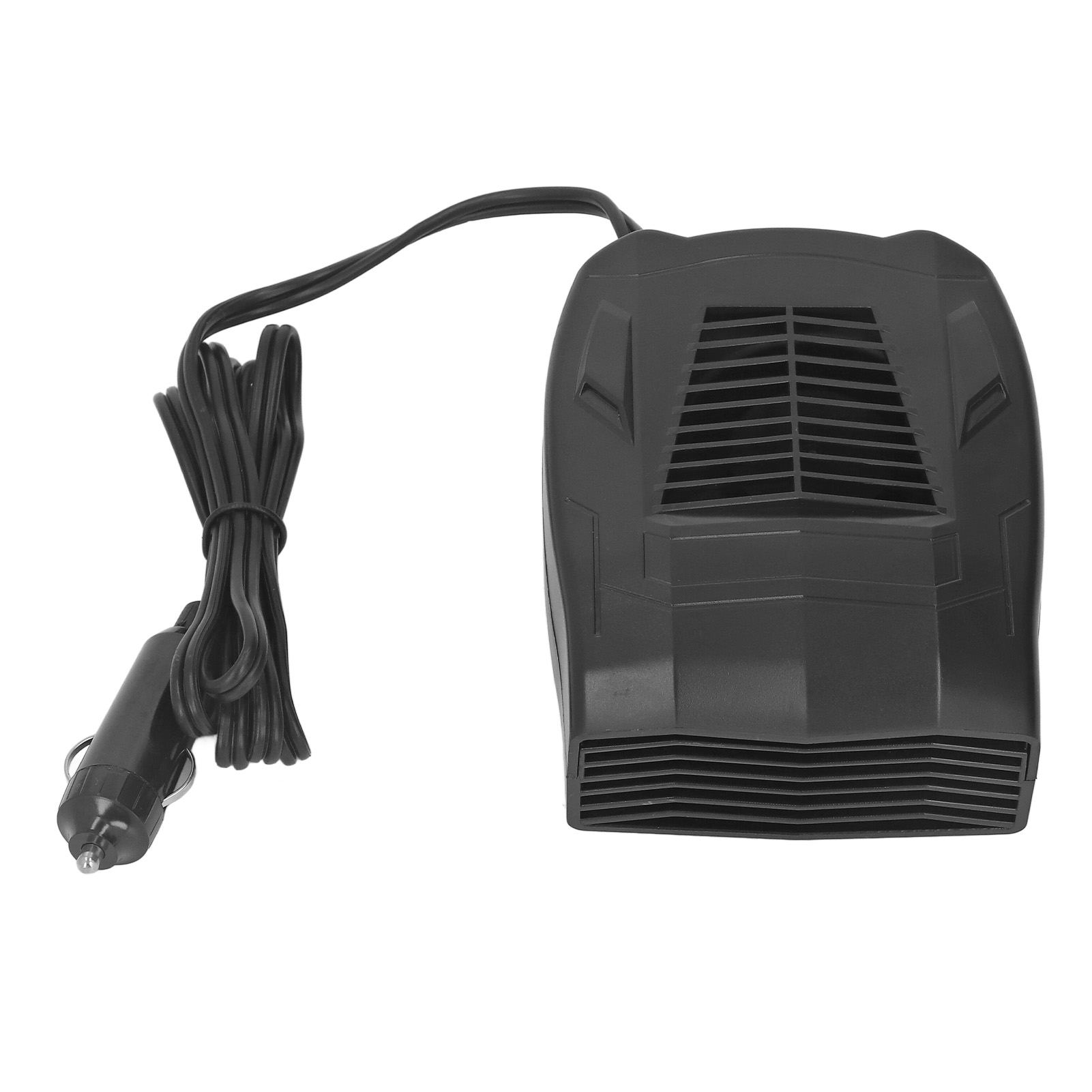 Ein schwarzer Autoheizer mit Lüftungsschlitz, Netzkabel und Autoladestecker auf weißem Untergrund.