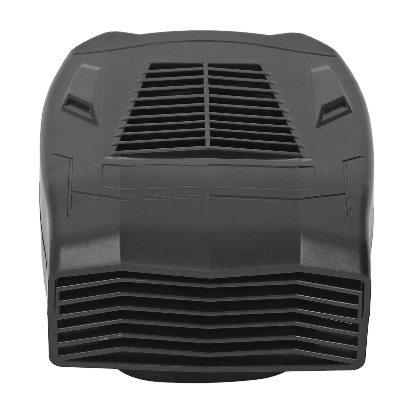 Ein schwarzes Kunststoffgerät, möglicherweise ein Ventilator oder eine Lüftung, mit horizontalen und abgewinkelten Schlitzen.