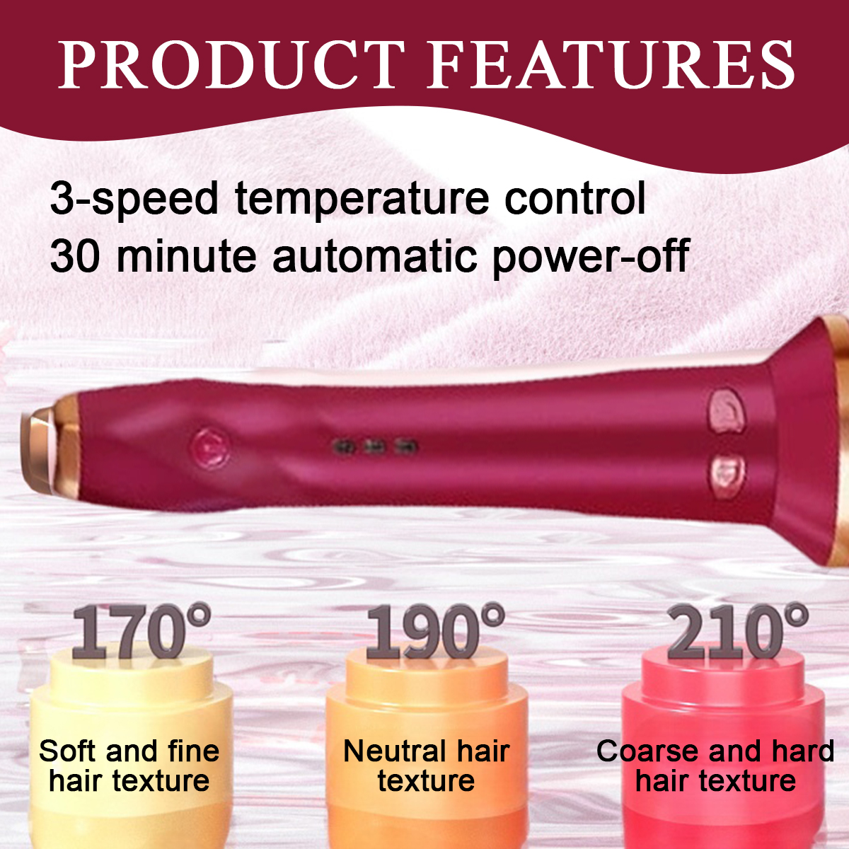 Produktwerbung. Rotes Haarstyling-Tool mit Temperatureinstellungen: 170°, 190° und 210° für verschiedene Haarstrukturen.