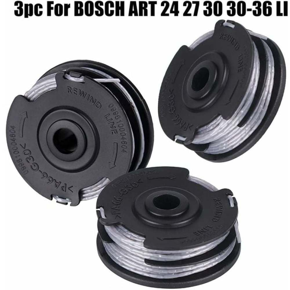 Drei schwarze Spulen Trimmerfaden mit weißer Schnur, beschriftet mit 'REWIND LINE' und 'PA66-G30', für Bosch ART Modelle.