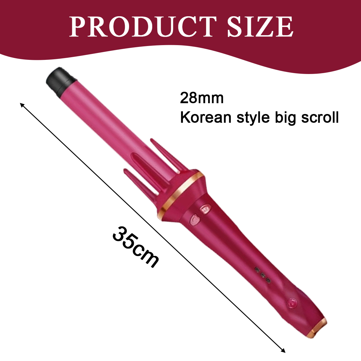 Ein pinkfarbener Lockenstab, 35 cm lang, mit Text: Produktgröße, 28 mm, koreanischer Stil, große Schriftrolle. Der Hintergrund ist weiß.