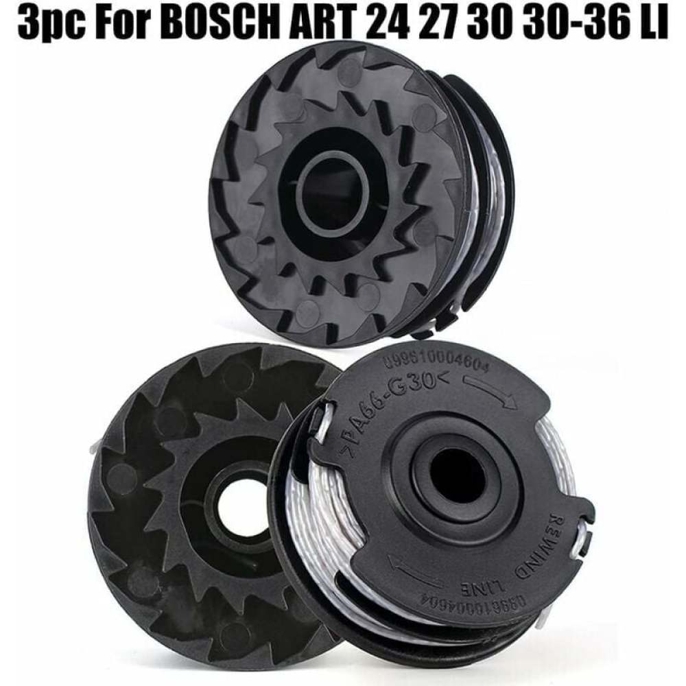 Drei schwarze Trimmerspulen mit weißer Schnur. Oben steht '3pc For BOSCH ART 24 27 30 30-36 LI'.