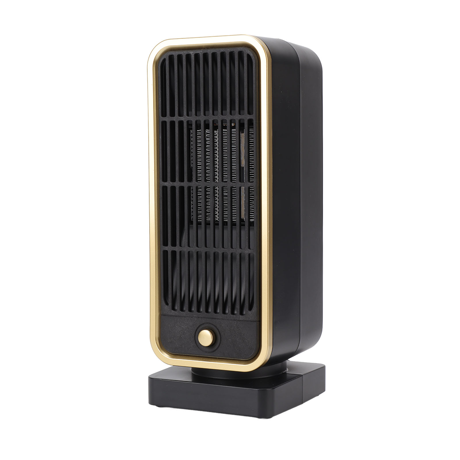 Ein schwarz-goldener elektrischer Heizlüfter. Er hat vertikale Lüftungsschlitze und einen Knopf.