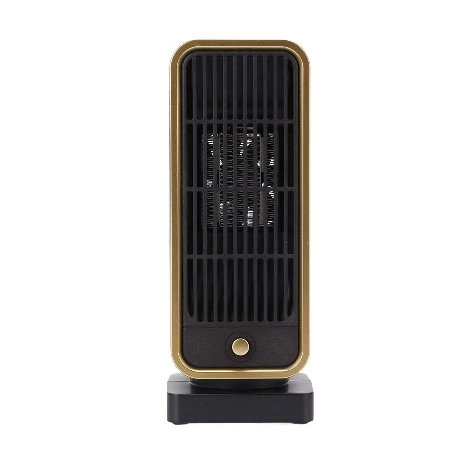 Ein kleiner, schwarz-goldener Elektroheizer steht aufrecht vor einem weißen Hintergrund. Er hat ein Gitter und einen Knopf.