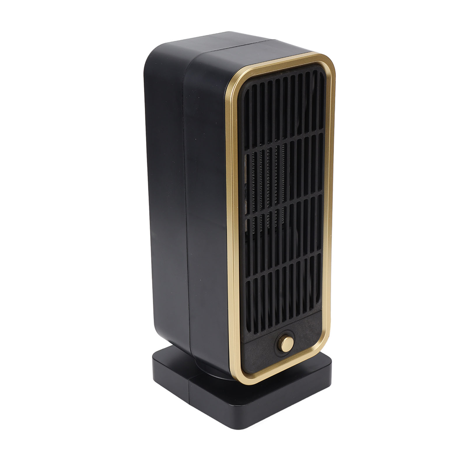 Schwarz-goldener Heizlüfter. Die Vorderseite hat ein Gitter. Es steht auf einem schwarzen Sockel.