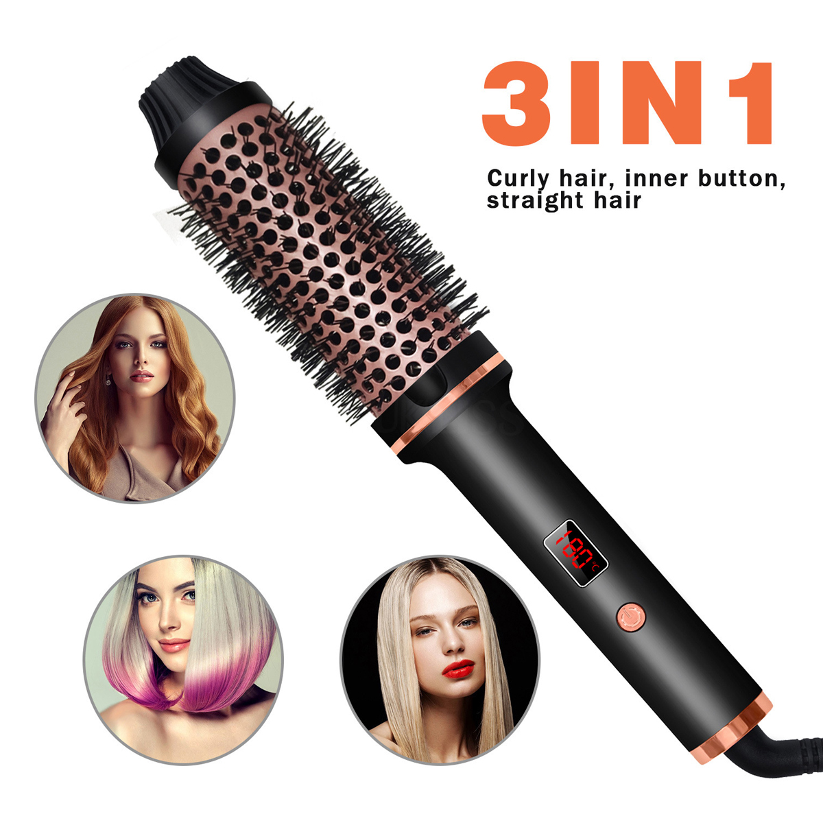 Ein schwarzes 3-in-1-Haarstyling-Tool mit roségoldenen Akzenten, mit drei Frauen mit verschiedenen Frisuren und Text.
