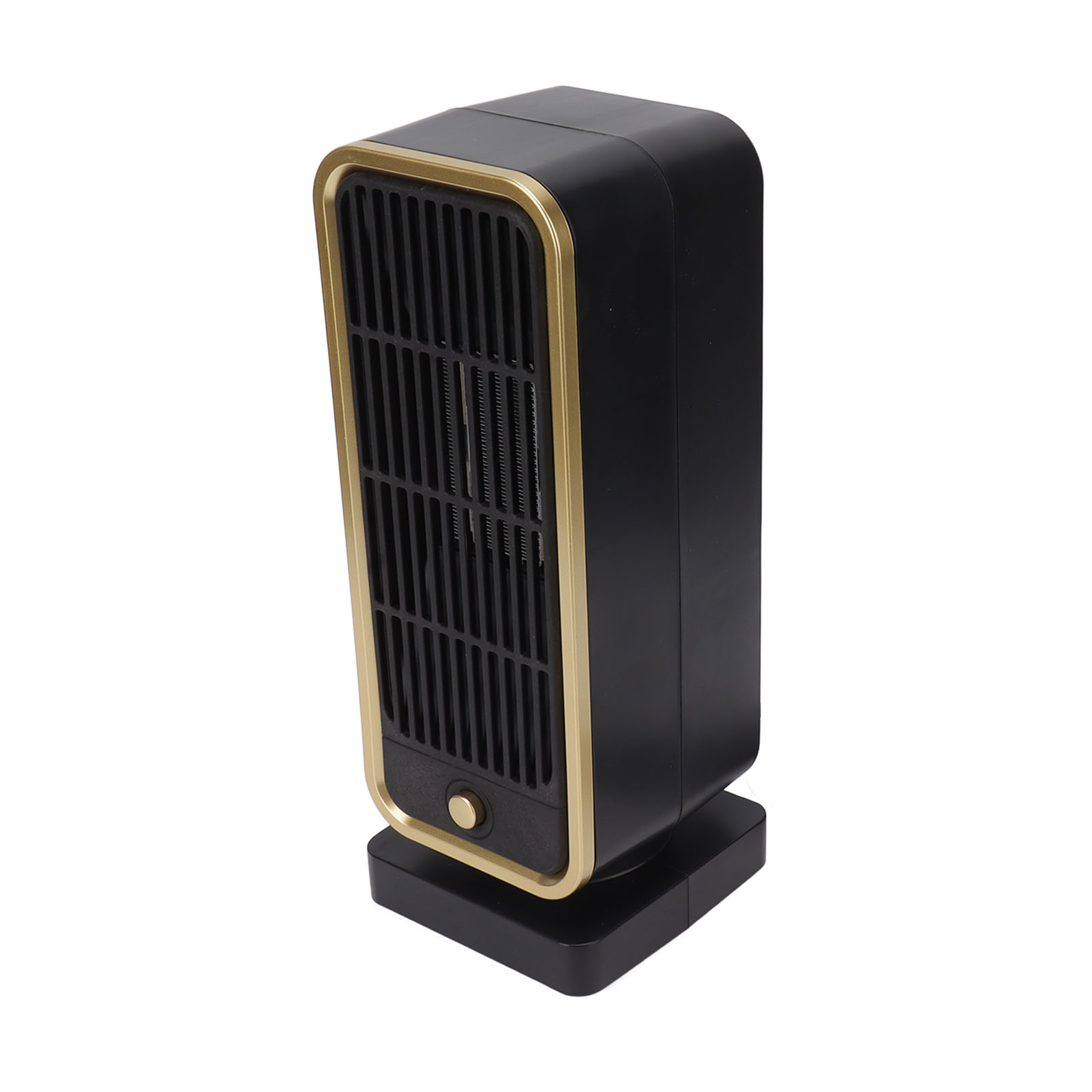 Ein schwarz-goldener Elektroheizer steht auf einer weißen Oberfläche. Der Heizkörper hat eine rechteckige Form mit Lüftungsschlitzen.