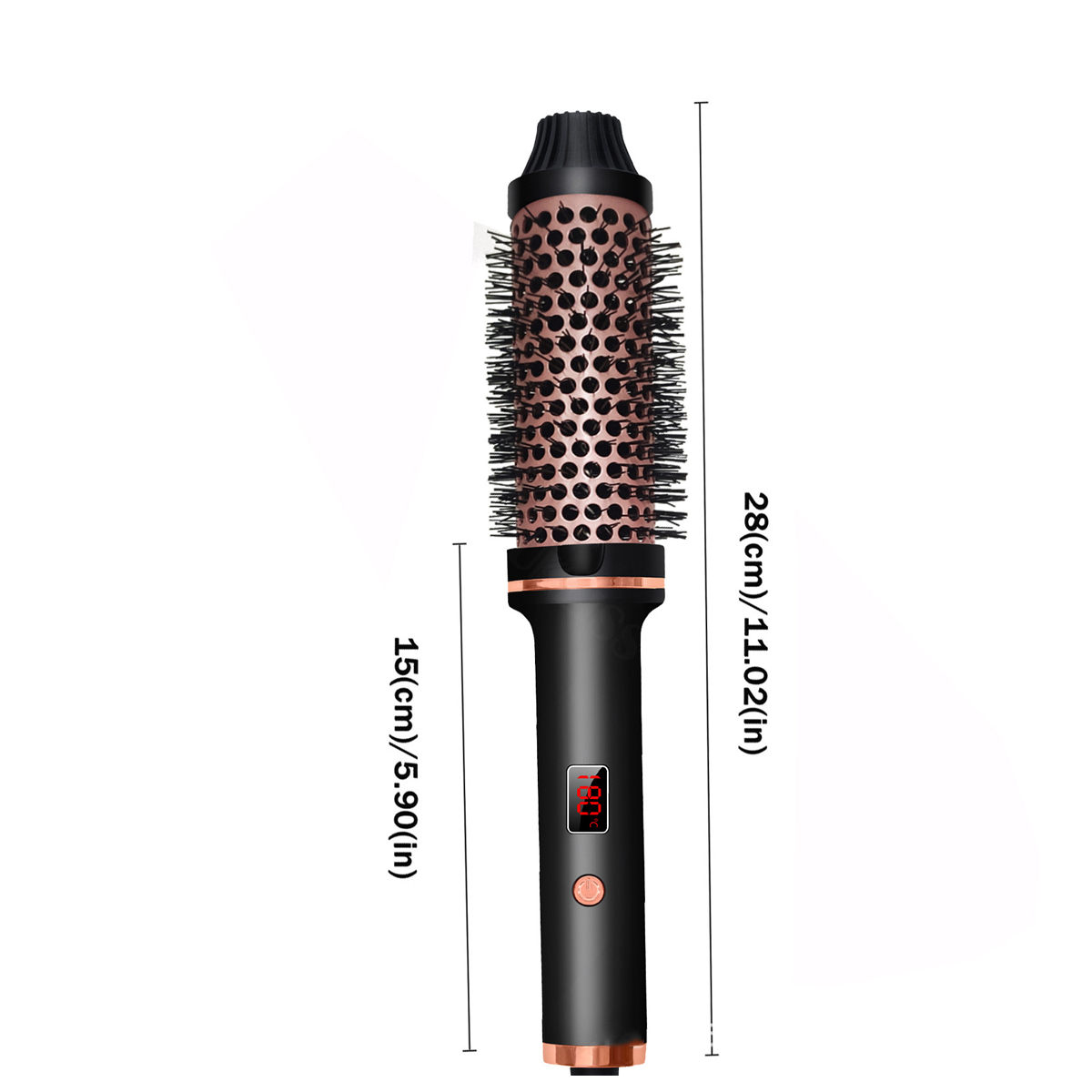 Eine schwarz-roségoldene Haarstylingbürste mit Digitalanzeige der Temperatur. Abmessungen sind in cm und Zoll angegeben.