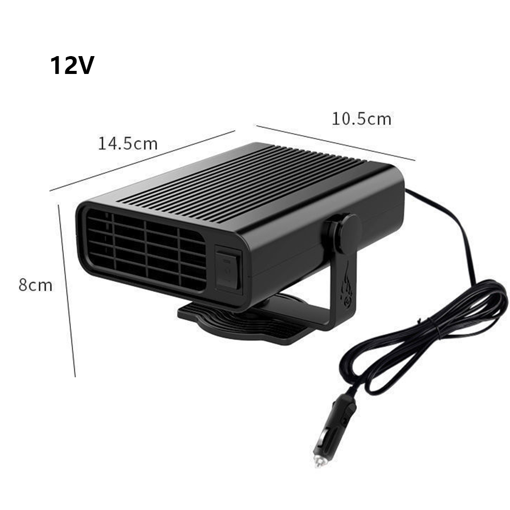 Schwarze 12-V-Autoheizung mit beschrifteten Abmessungen. Sie hat ein Netzkabel und einen Zigarettenanzünderadapter. Der Heizlüfter befindet sich auf weißem Hintergrund.