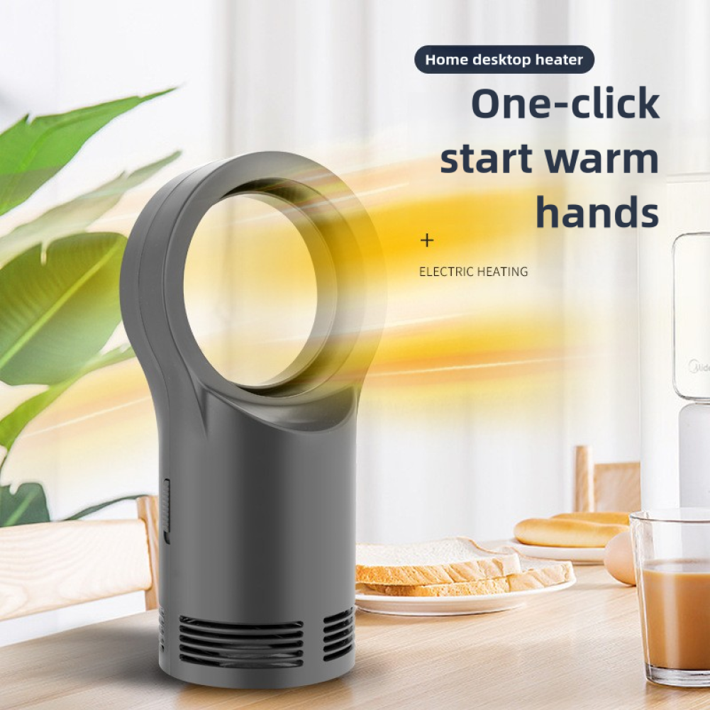 Ein grauer Desktop-Heizlüfter mit kreisförmiger Öffnung. Toast, ein Glas Kaffee und Text mit der Aufschrift 'One-click start warm hands'.