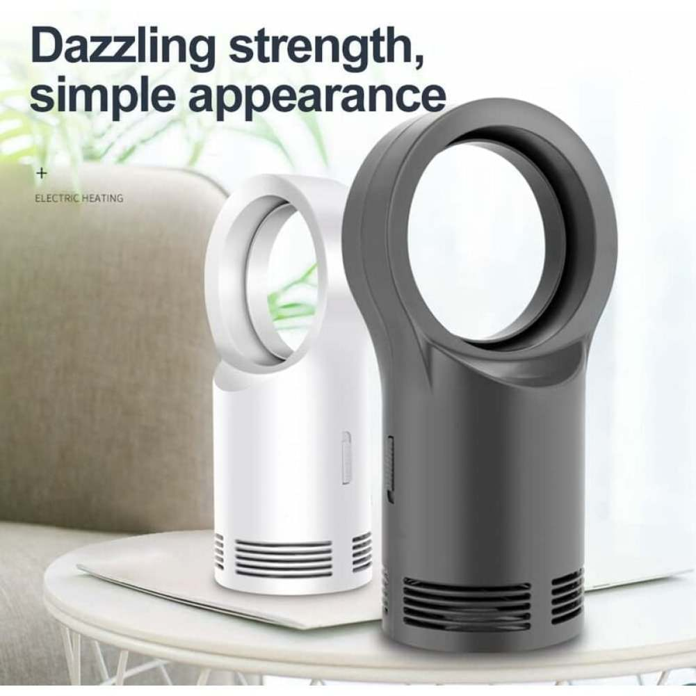 Zwei moderne, blattlose elektrische Heizungen; eine weiße, eine dunkelgraue. Sie stehen auf einem weißen Tisch. Der Text oben lautet: Dazzling strength.