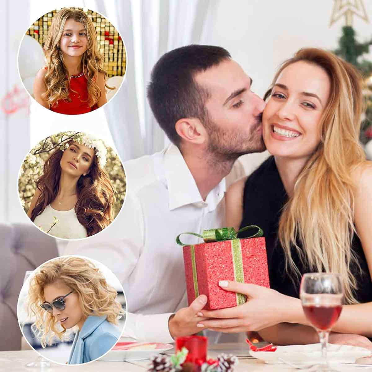 Ein Mann küsst eine lächelnde Frau, die eine rote Geschenkbox hält. Im Hintergrund sind drei Porträts.