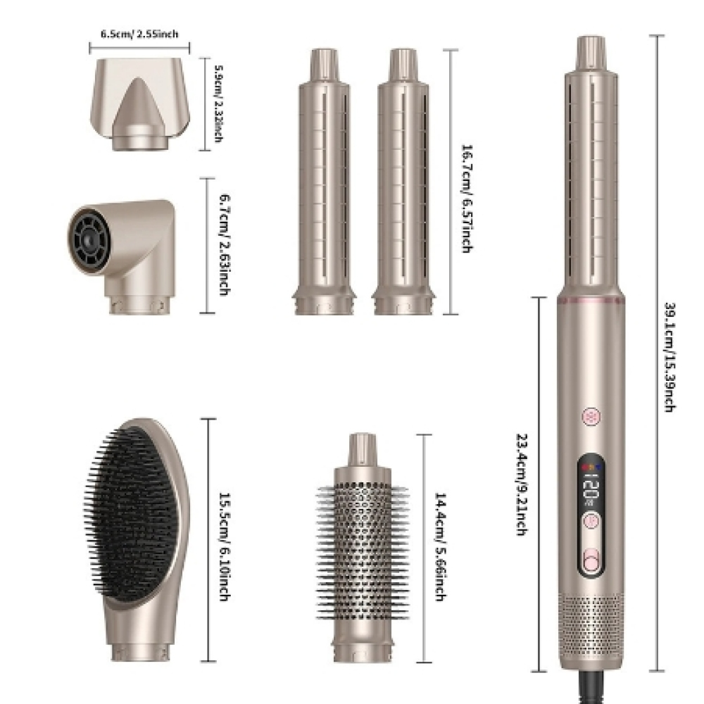 Ein Styling-Tool mit Aufsätzen. Abnehmbare Köpfe umfassen eine Bürste, eine Rundbürste und zwei zylindrische Teile, alle in Gold.