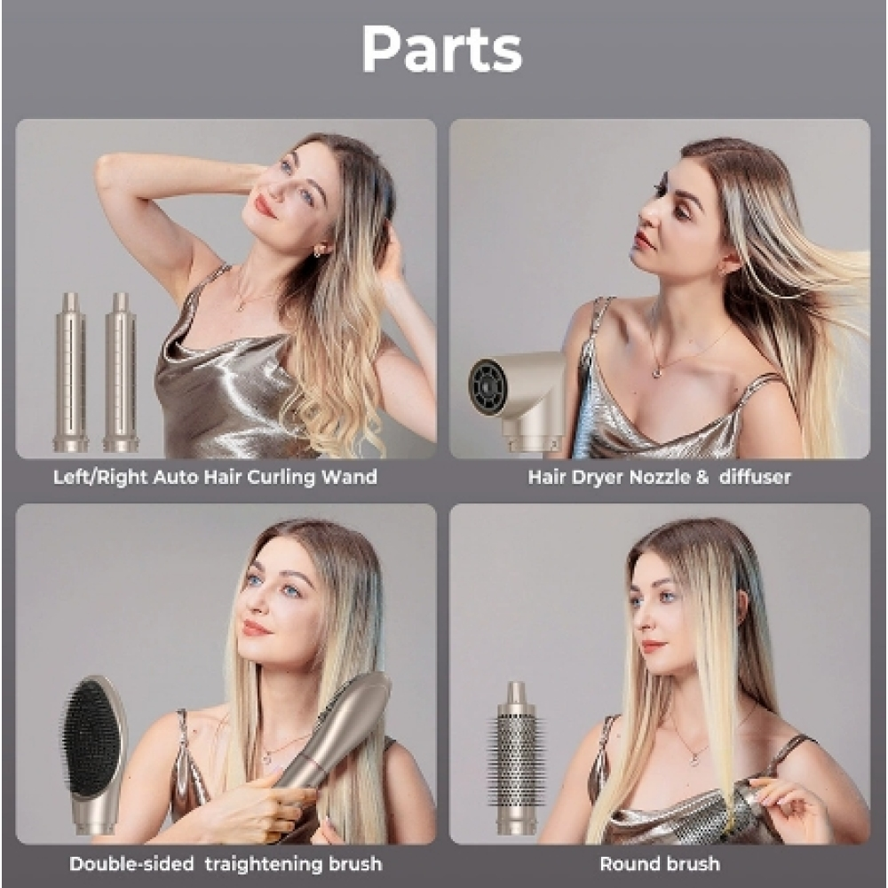 Das Bild zeigt eine Frau mit blondem Haar, die Haarstyling-Tools demonstriert: Lockenstäbe, Haartrocknerdüse, Glättbürste und Rundbürste.
