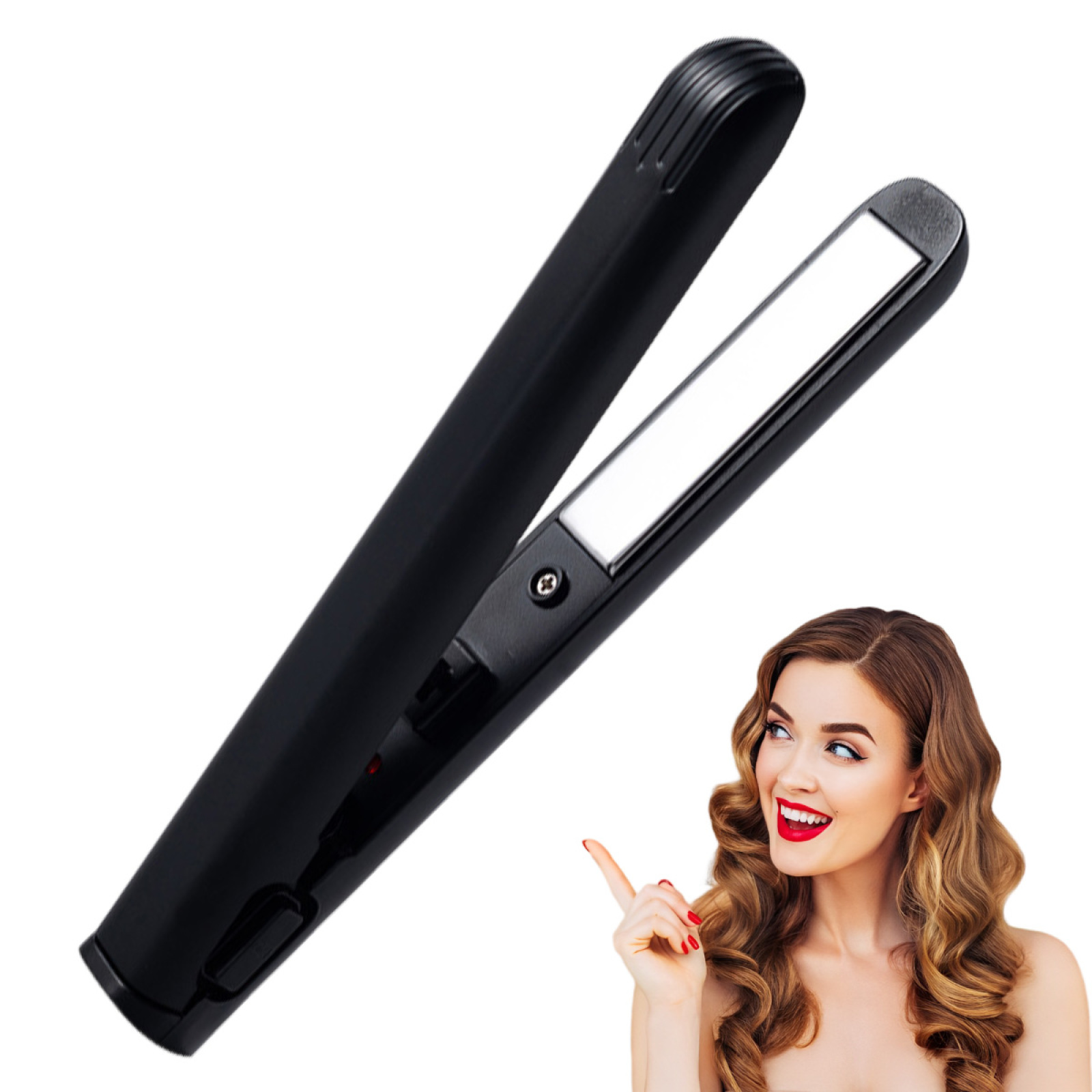 Ein schwarzes Glätteisen wird gezeigt. Eine Frau zeigt lächelnd mit rotem Lippenstift und Nägeln auf das Glätteisen.