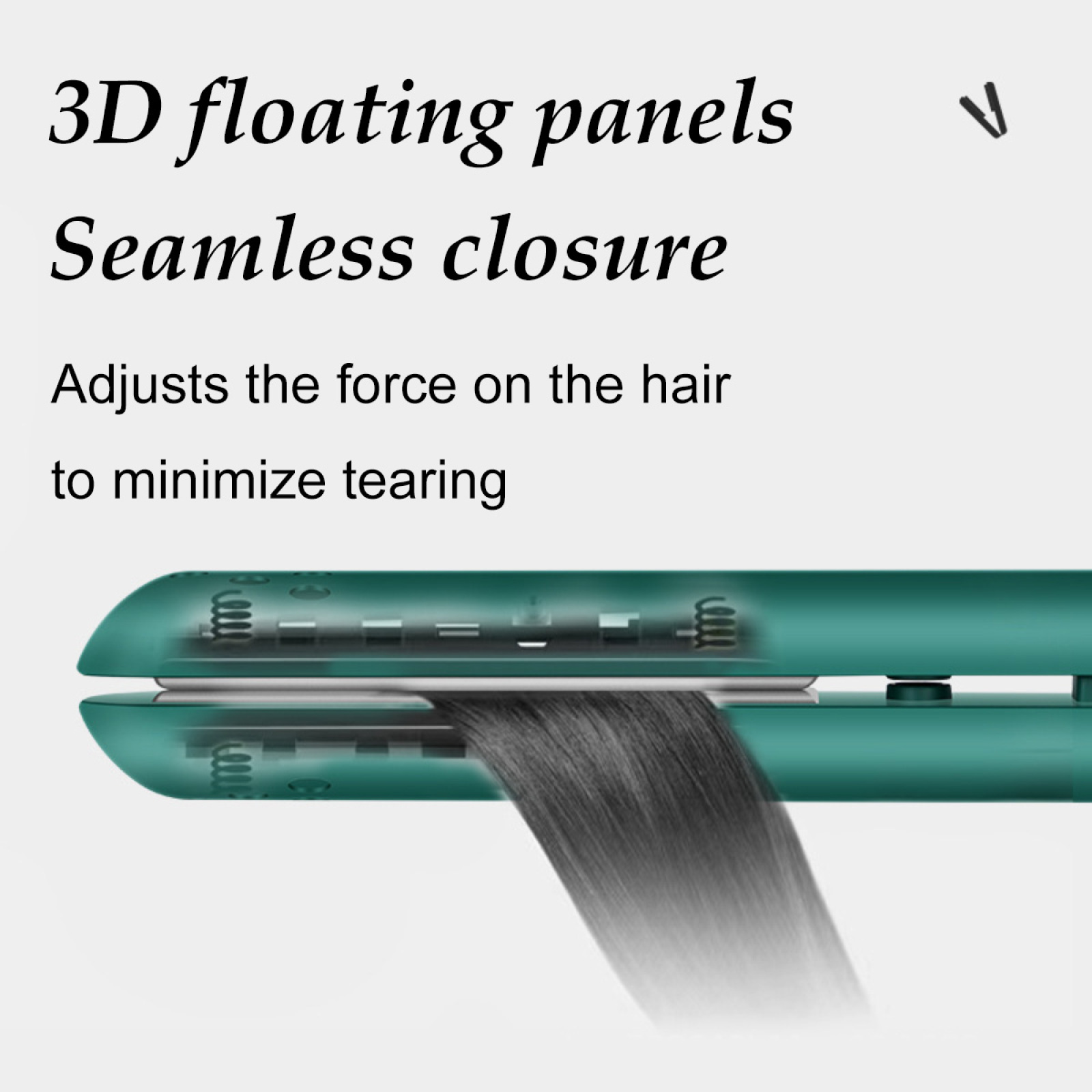 Haarglätter mit grünen Griffen, der Haare glättet. Text sagt: '3D-Floating-Panels, nahtloser Verschluss, passt die Kraft an'.