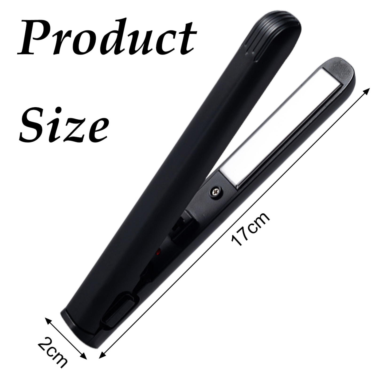 Schwarzer Haarglätter mit den Maßen: 17 cm Länge, 2 cm Breite. Weiße Keramikplatten sichtbar. Text: Produktgröße.