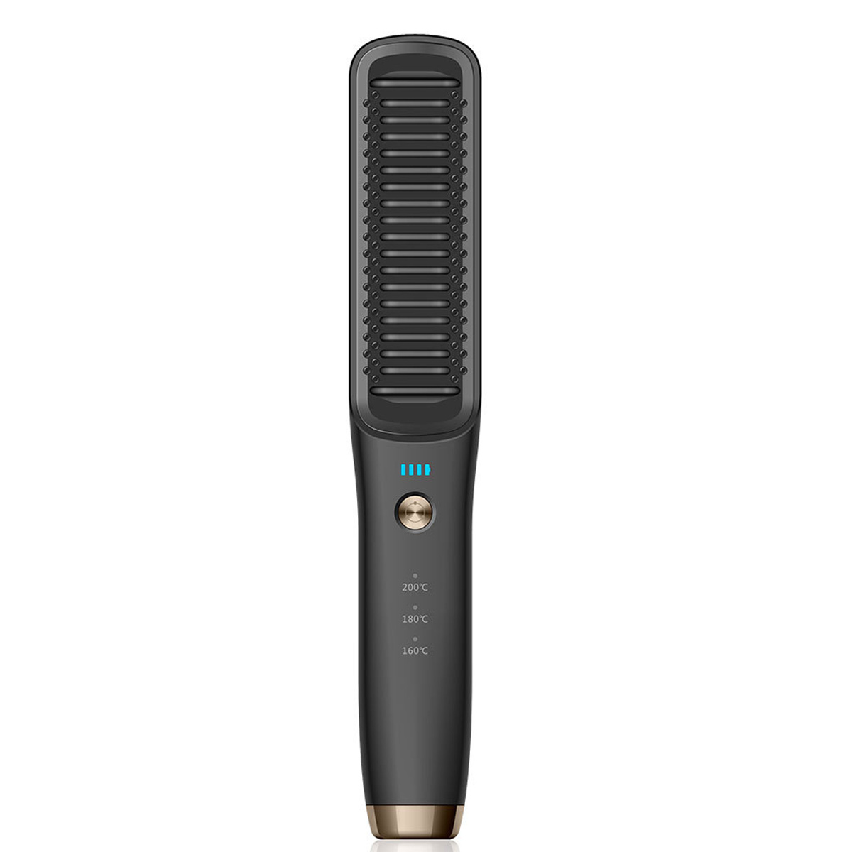 Ein schwarzer Haarglätter mit Temperatureinstellungen. Er hat einen goldenen Sockel und blaue Anzeigeleuchten. Die Oberseite hat ein kammartiges Design.