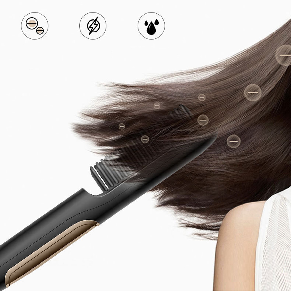 Ein schwarzer Haarglätter wird auf braunem Haar verwendet. Symbole für Produkteigenschaften sind oben abgebildet. Die Schulter einer Frau ist sichtbar.