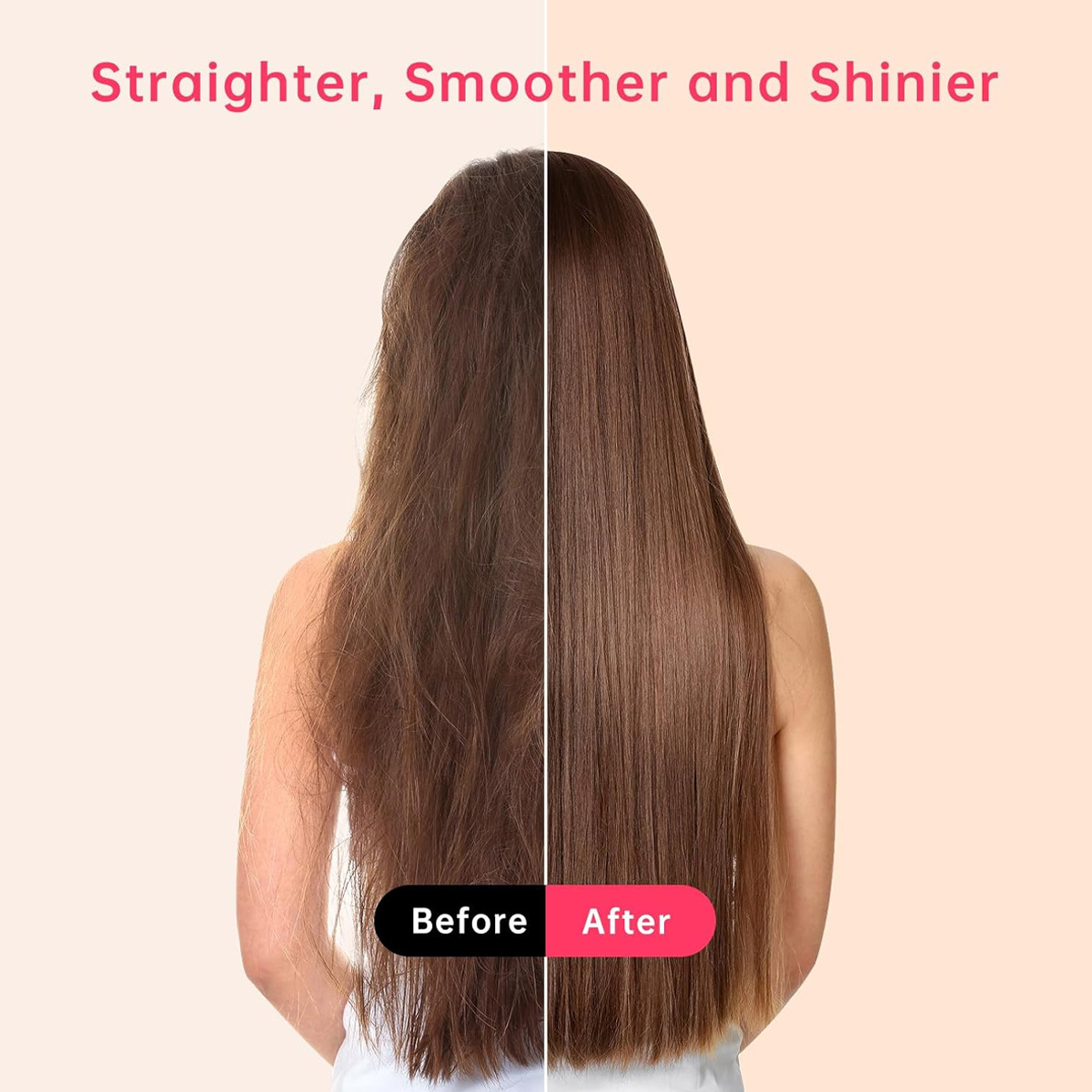 Das Bild zeigt Vorher-Nachher-Haare. Vorher ist kraus, nachher glatt und glänzend. Text sagt 'Gerader, Glatter und Glänzender'.