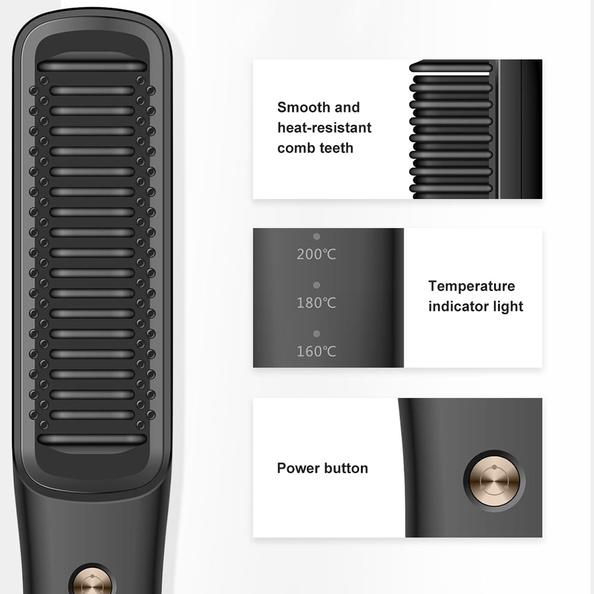 Ein schwarzer Haarglätter mit Kammzähnen, Temperaturanzeige und Ein-/Ausschalter vor weißem Hintergrund.
