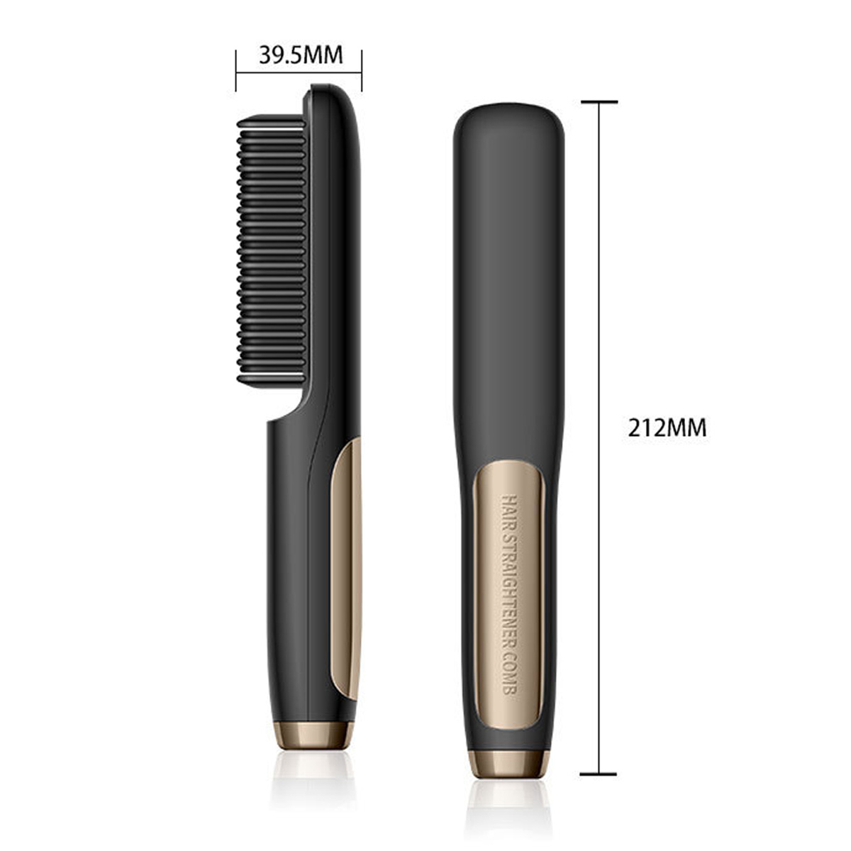 Zwei Haarglättungskämme. Einer zeigt die Kammseite, der andere die Rückseite. Abmessungen: 39,5 mm Breite und 212 mm Höhe.