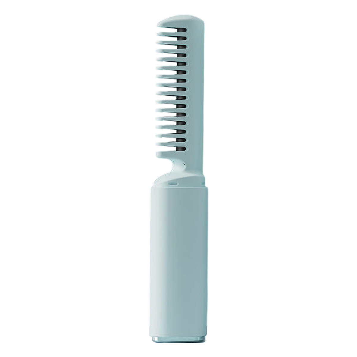 Ein hellblauer Haarkamm auf weißem Hintergrund. Der Kamm hat einen Griff und einen geriffelten Kopf. Das Design ist elegant und modern.