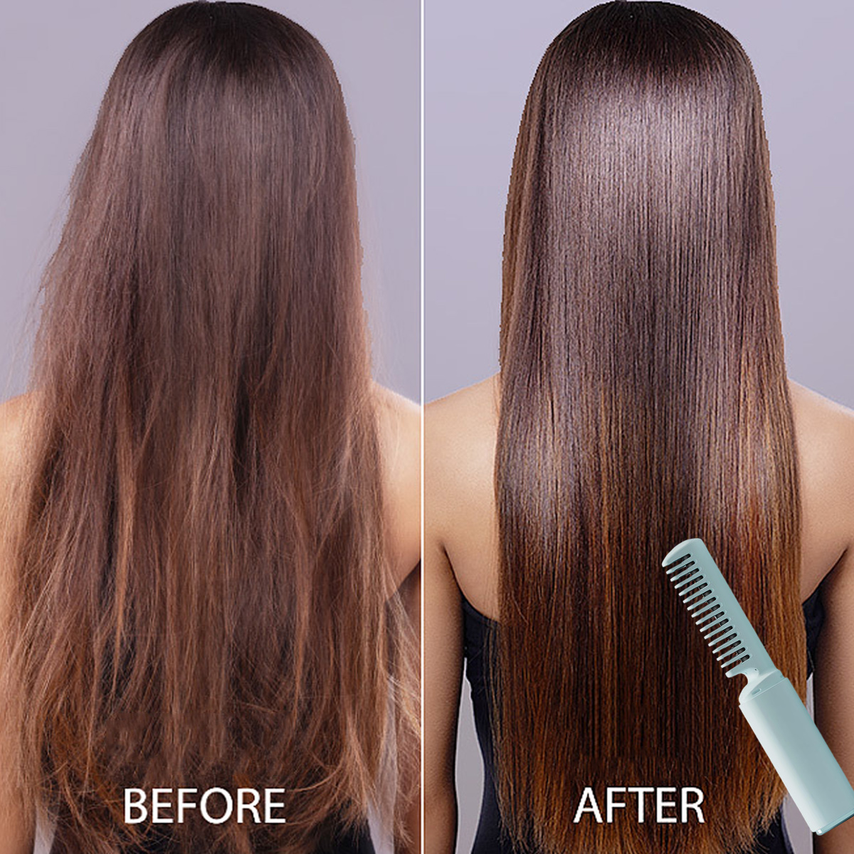Vorher-Nachher-Haaraufbereitung. Links: krauses braunes Haar. Rechts: glattes, glattes, glänzendes braunes Haar. Ein kammartiges Werkzeug ist vorhanden.