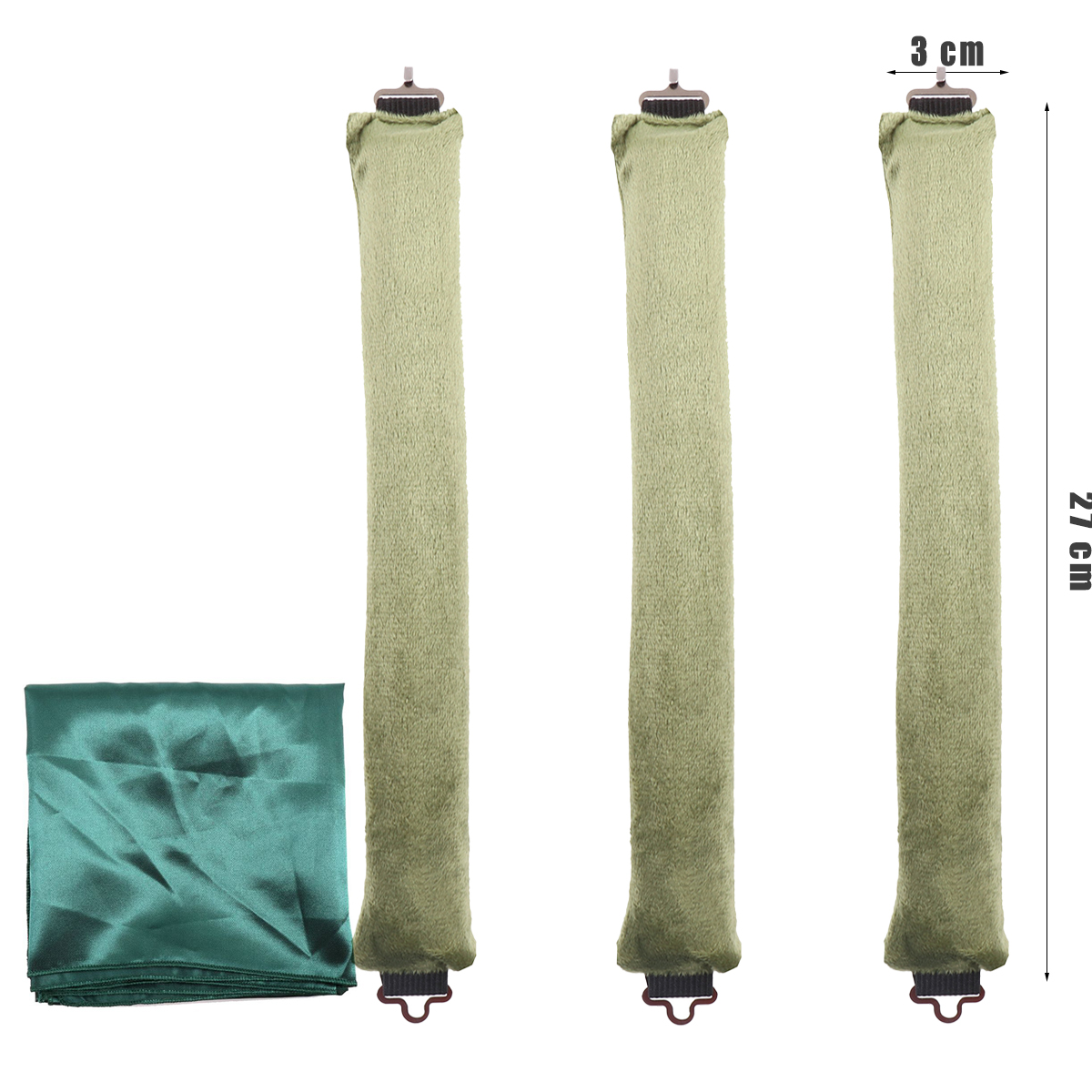 Drei grüne zylindrische Objekte mit Metallaufsätzen und ein gefaltetes grünes Tuch. Maße sind markiert: 3 cm und 27 cm.