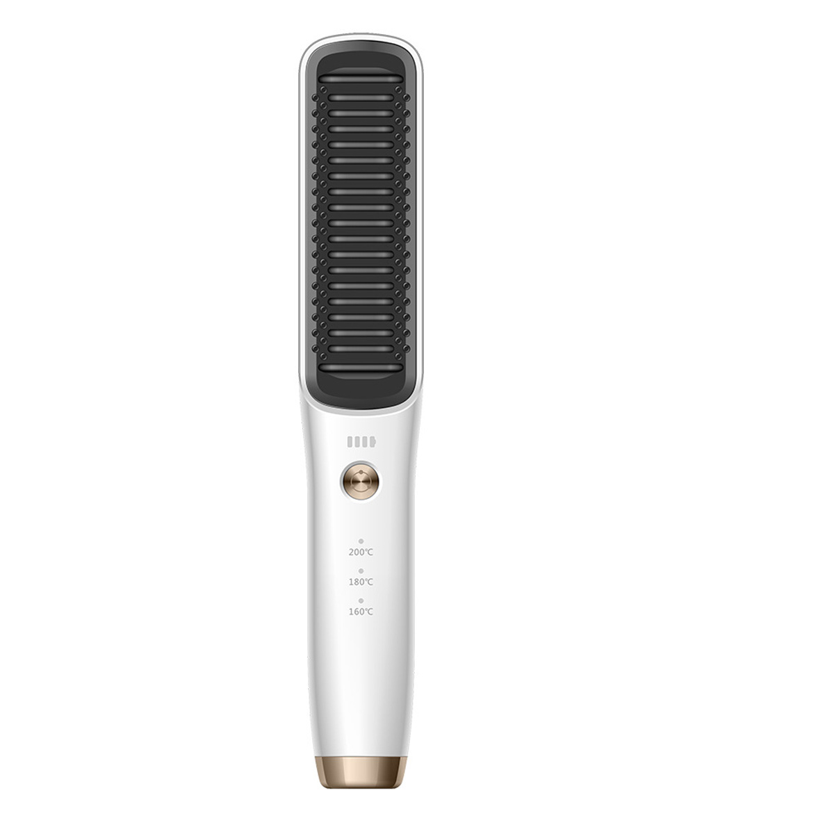 Ein weiß-goldener Haarglätter. Es hat schwarze Borsten, Temperatureinstellungen und eine Einschalttaste.