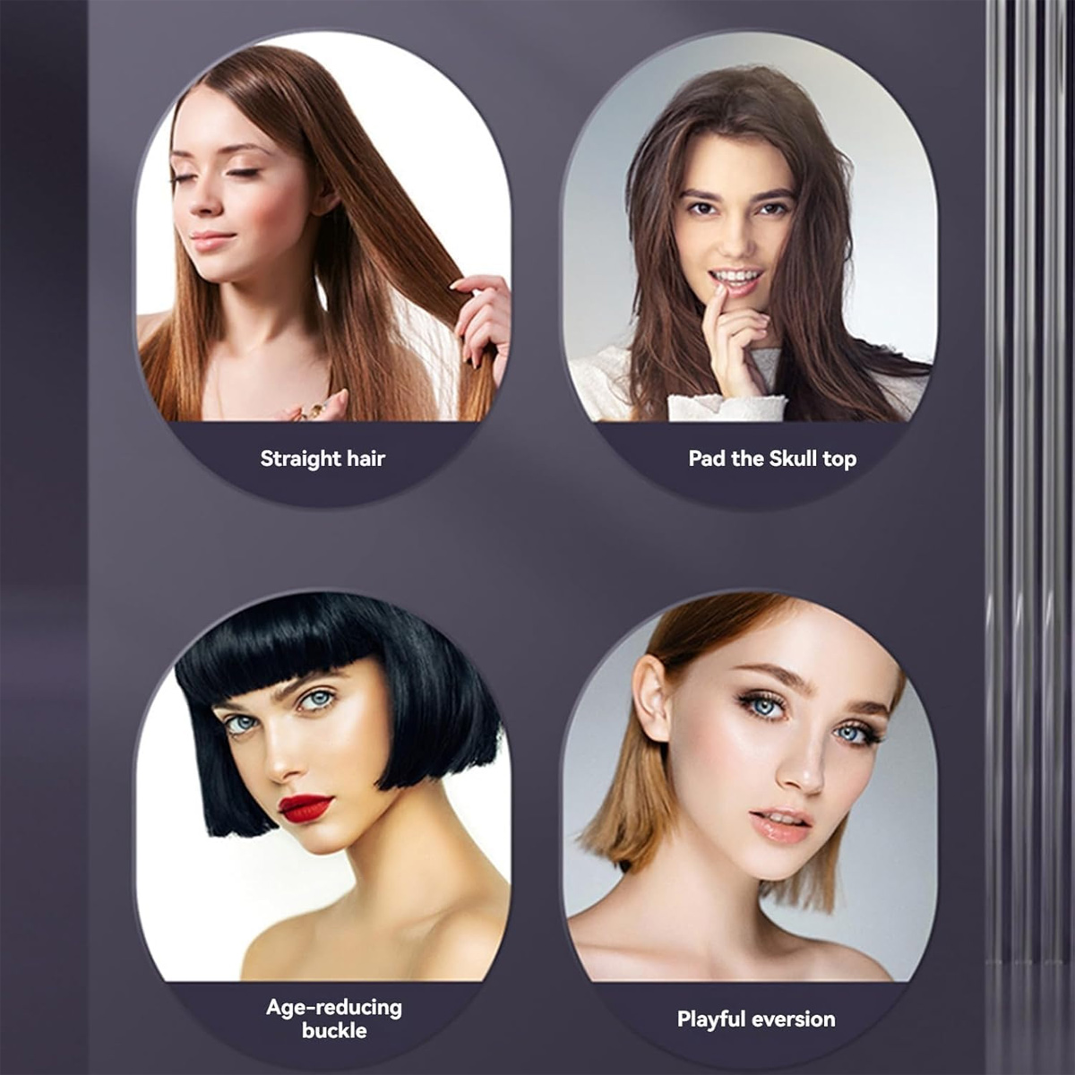Das Bild zeigt vier Frauen mit unterschiedlichen Frisuren. Das Bild ist in vier Abschnitte unterteilt, jeder mit einer Frau und einer Beschriftung darunter.