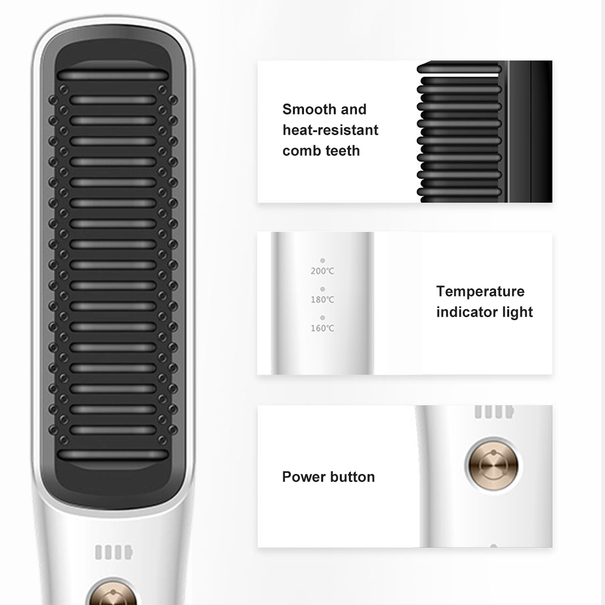 Ein weißer und schwarzer Haarglätter wird gezeigt, mit Beschriftungen für Kammzähne, Temperaturanzeige und Ein-/Aus-Taste.