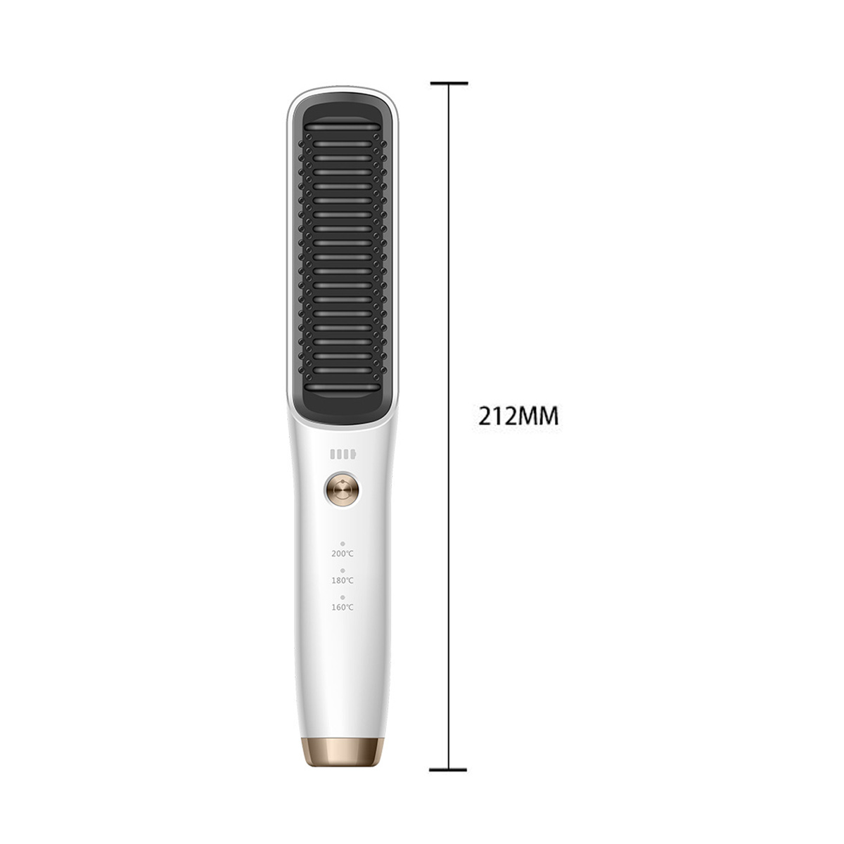 Ein weißes und goldenes Haarglätteisen mit einem schwarzen Kammteil. Es hat Temperatureinstellungen und eine 212mm Messanzeige.